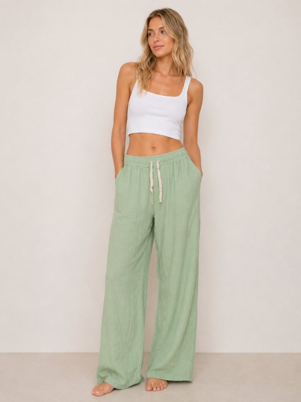 Aerie Green Drawstring Palazzo Wide Leg Lounge Pants Hiker Olive Medium #A3180